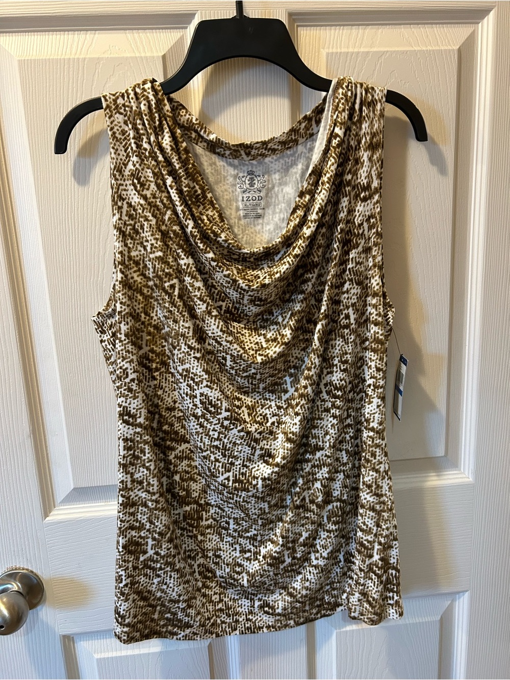 IZOD Size XL Women's Sleeveless Cowl Neck Top Brown/White Print NWT